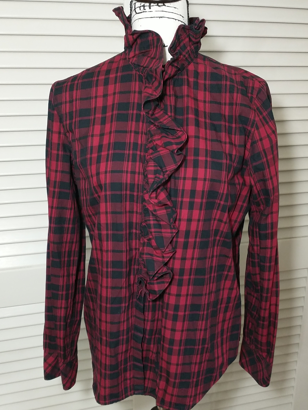 Ralph Lauren Plaid Ruffle Shirt, Red/Black, Size L, Cottagecore, Granny Core